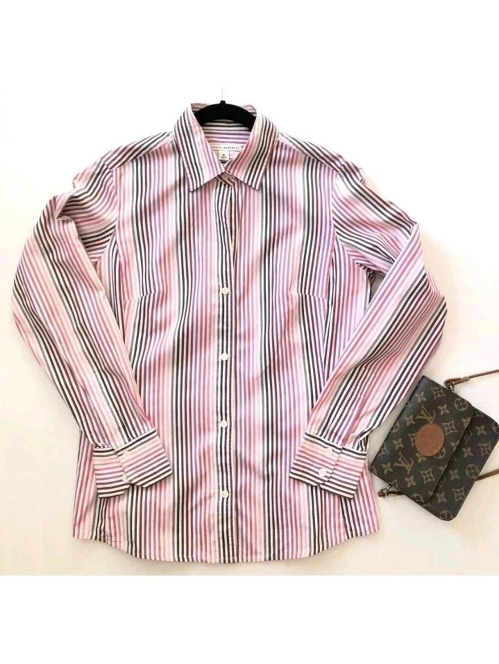 Banana Republic Women’s White Pink & Purple Striped Print Button Down Shirt M